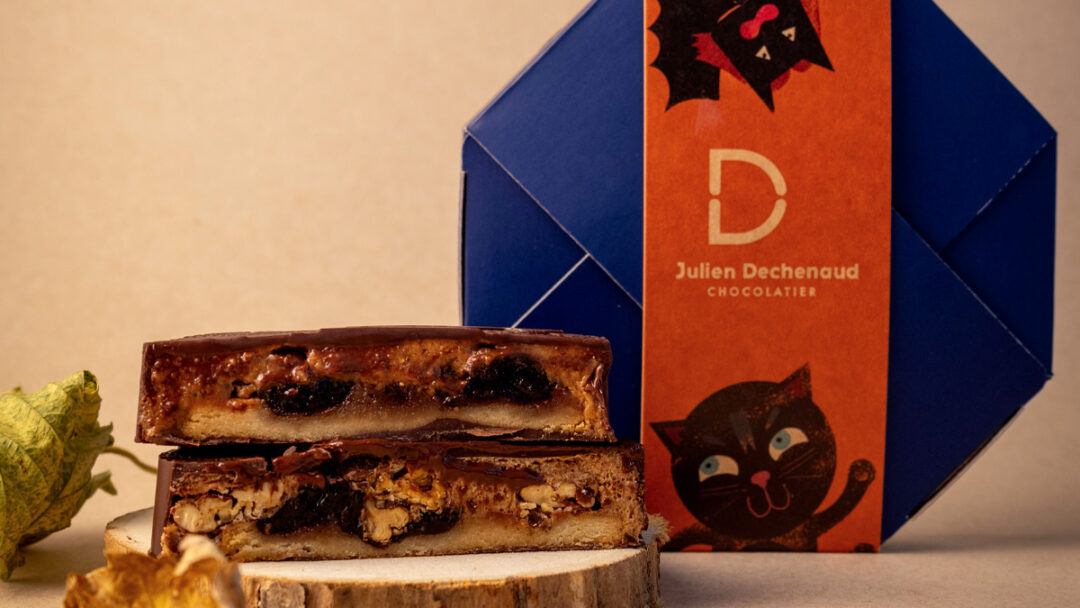 Palet chauve souris au chocolat avec son emballage imaginé par Julien Dechenaud.