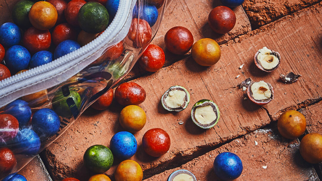 Trousse remplie de billes noisette enrobées de chocolat noir et de chocolat au lait végan, enrobées d’un chocolat blanc végan et d’une couche craquante de sucre coloré naturel.