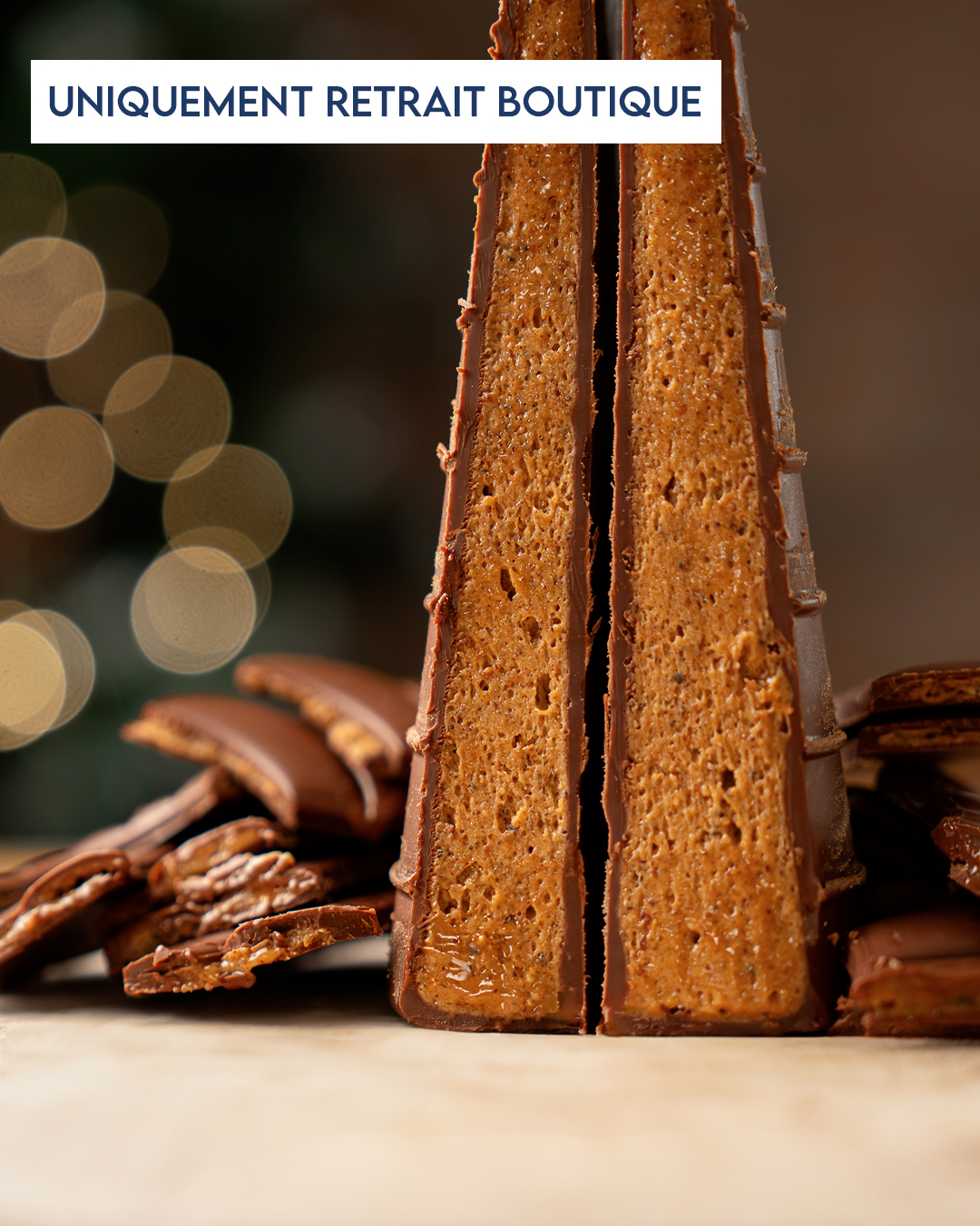 Découpe sapin fourré au chocolat noir ou chocolat au lait par Julien Dechenaud chocolatier à Paris.