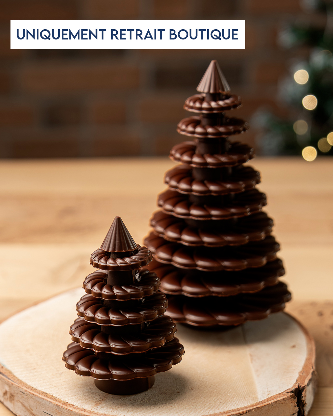 Sapins fourrés, praliné amande et chocolat noir par Julien Dechenaud.