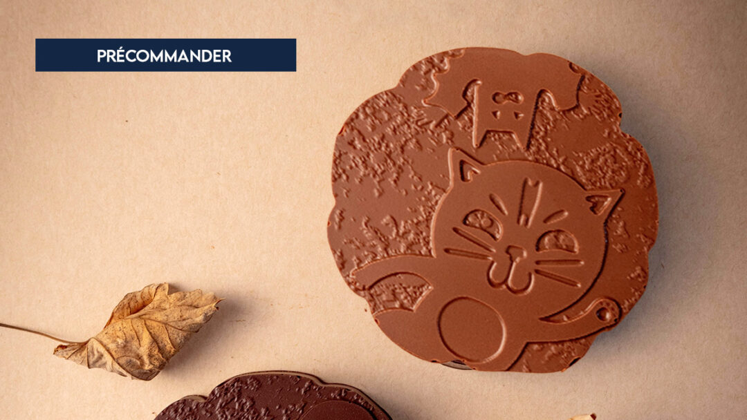 Palet chauve souris au chocolat au lait, disque pate d'amande, cerise confite, praliné amande et noix caramélisé imaginé par Julien Dechenaud.