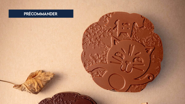 Palet chauve souris au chocolat au lait, disque pate d'amande, cerise confite, praliné amande et noix caramélisé imaginé par Julien Dechenaud.