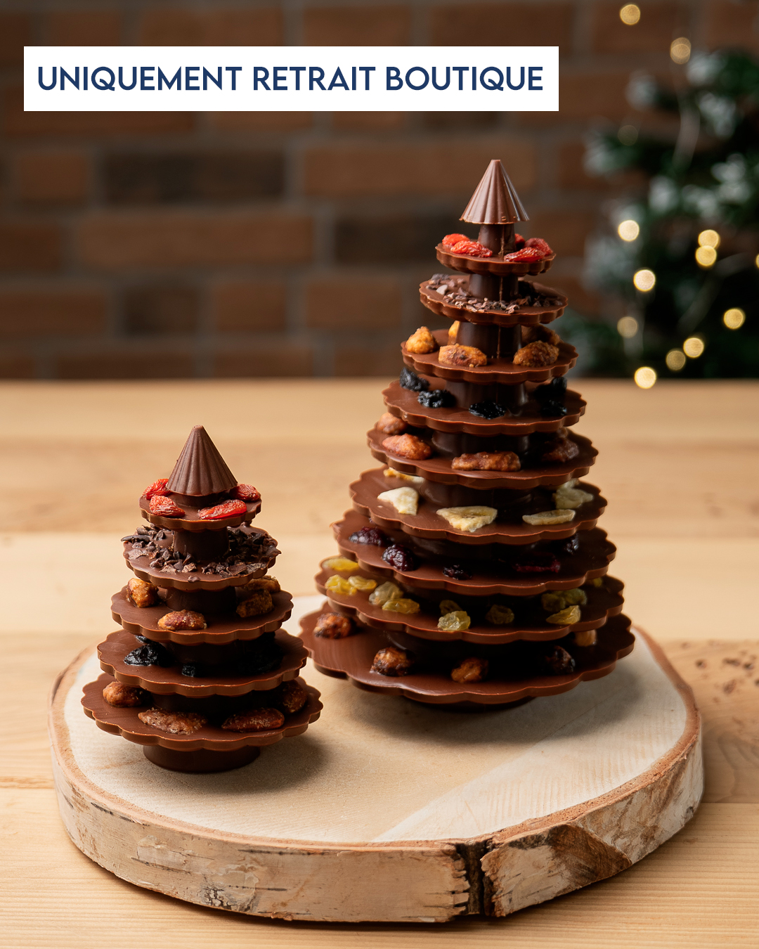 Sapins mendiants chocolat au lait 45% Bolivie en petit et grand format avec des éclats d'amandes, noisettes, pistachez fruits séchés. Une création de Noël par Julien Dechenaud Chocolatier.