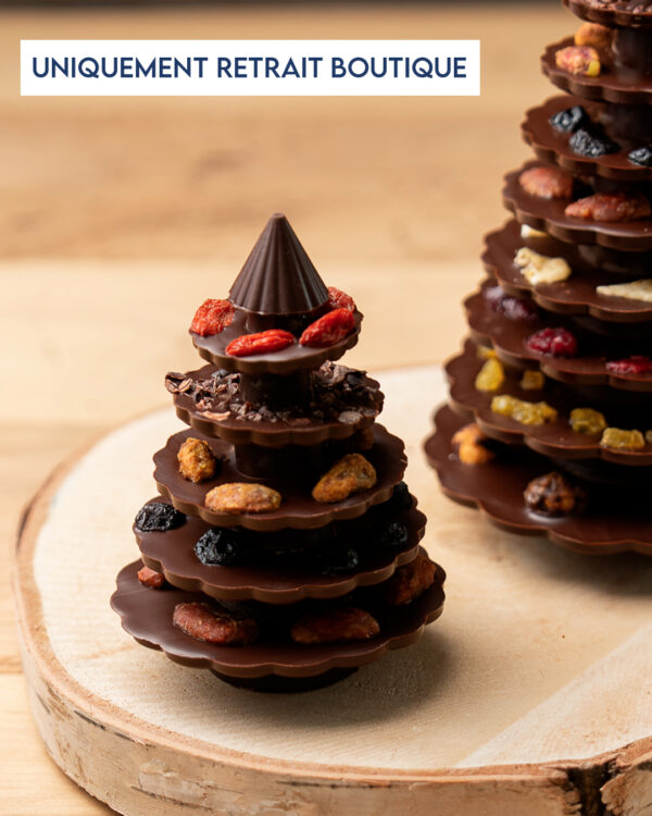 Sapin mendiant chocolat noir 70% Cameroun en petit format avec des éclats d'amandes, noisettes, pistachez fruits séchés. Une création de Noël par Julien Dechenaud Chocolatier.
