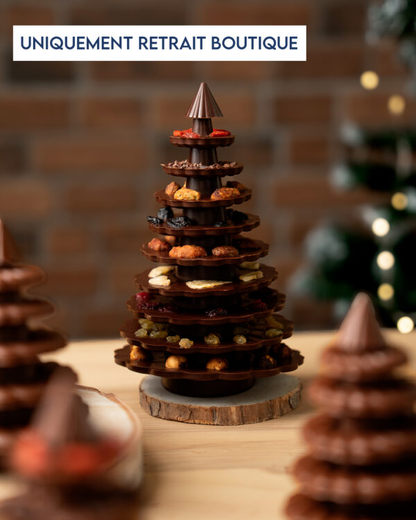 Sapin mendiant chocolat noir 70% Cameroun avec des éclats d'amandes, noisettes, pistachez fruits séchés. Une création de Noël par Julien Dechenaud Chocolatier.