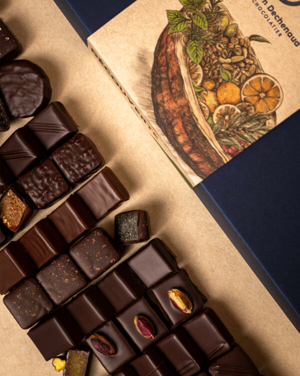 Crop sur la boite découverte de 88 chocolats : ganaches pures origines, ganaches parfumées, pralinés, citronettes, orangettes et gingembrettes composent cet assortiment, un coffret signé Julien Dechenaud chocolatier torréfacteur à Paris.