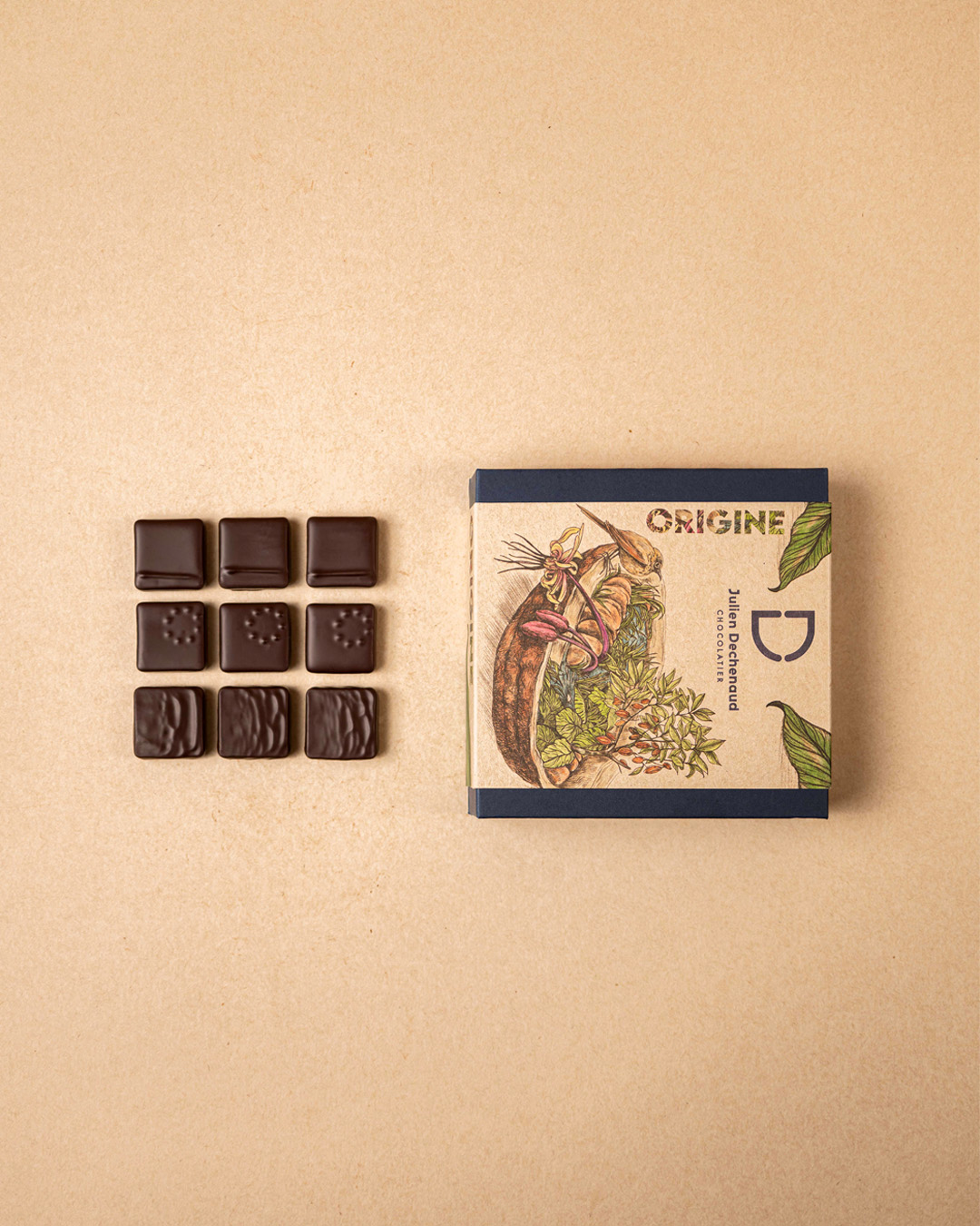 Boite ganaches pur origines 18 pièces : Madagascar, Ghana, Jamaïque, Venezuela, Pérou… Un assortiment imaginé par le chef Julien Dechenaud artisan chocolatier.