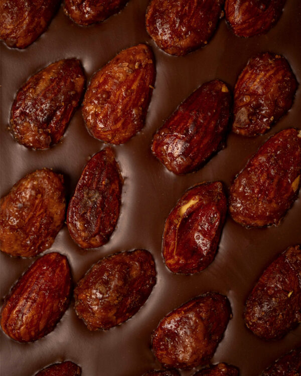 Focus tablette mendiant Chocolat au lait végan 48% et amandes de Provence.