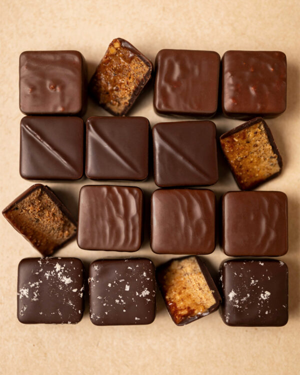 Focus sur les 16 pralinés au chocolat noir et lait : amande, noisette, coco et amande-noisette feuilleté, un assortiment gourmand et hautement savoureux imaginé par le chef Julien Dechenaud chocolatier à Paris et Vincennes.