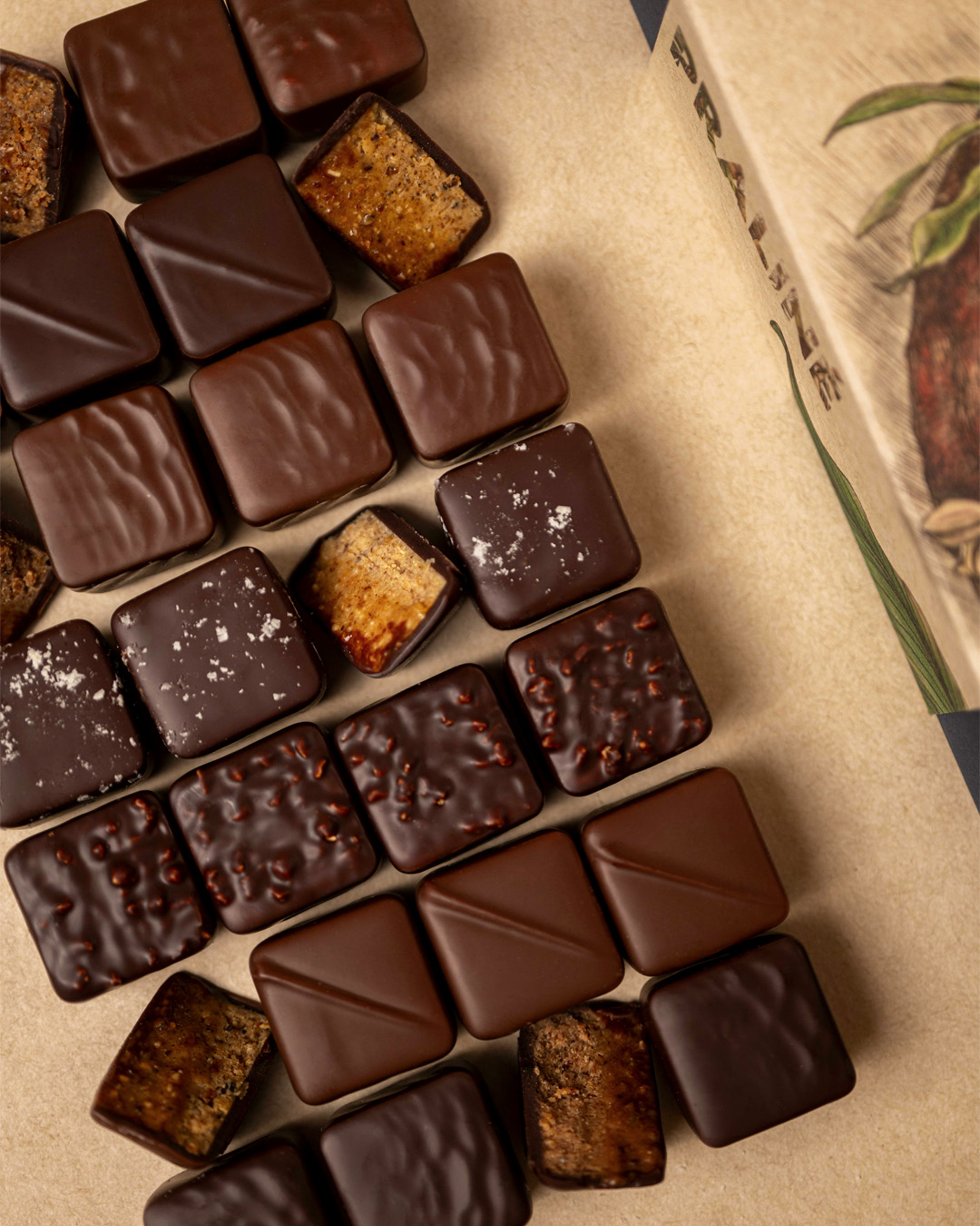 Assortiment de 28 pralinés au chocolat noir et au lait : amande, noisette, coco et amande-noisette feuilleté, un assortiment gourmand et hautement savoureux imaginé par le chef Julien Dechenaud chocolatier à Paris et Vincennes.