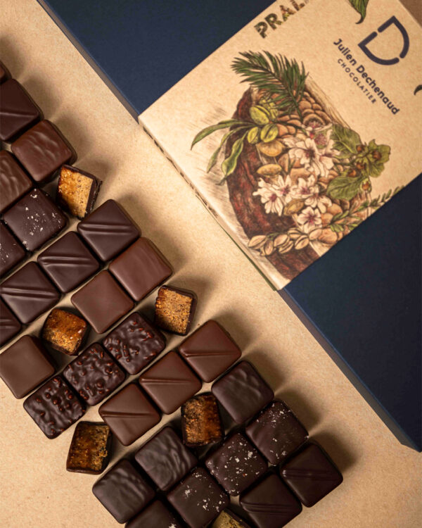 Assortiment de 44 pralinés au chocolat noir et chocolat au lait : amande, noisette, coco et amande-noisette feuilleté, un assortiment gourmand et hautement savoureux imaginé par le chef Julien Dechenaud chocolatier à Paris et Vincennes.