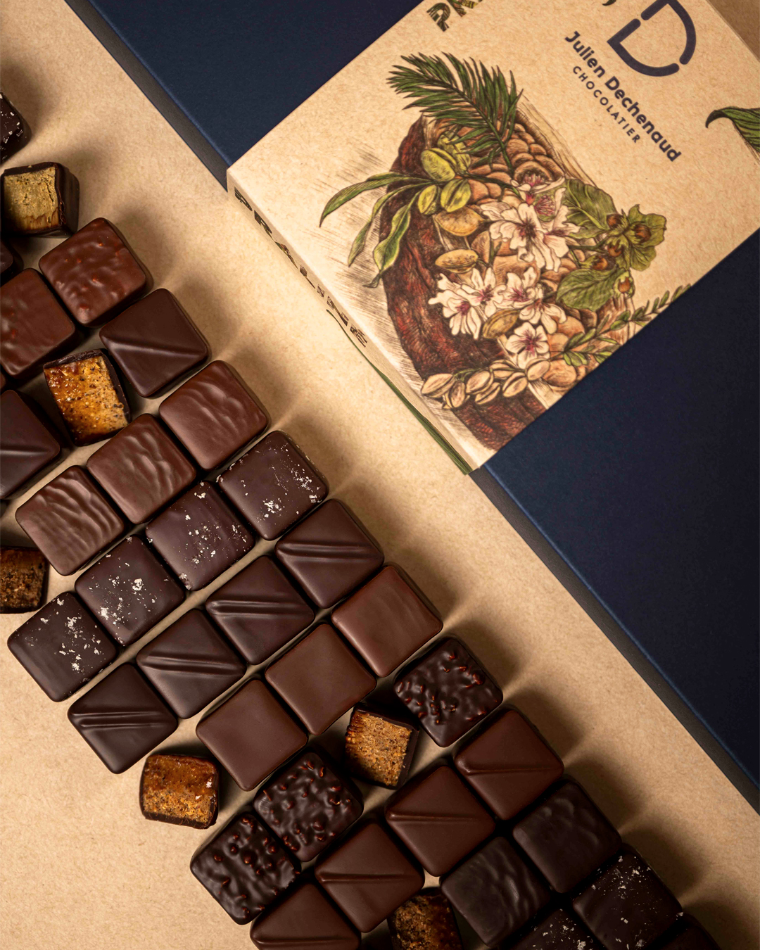 Assortiment de 68 pralinés au chocolat noir et chocolat au lait : amande, noisette, coco, pistache, cacahuète et amande-noisette feuilleté, un assortiment gourmand et hautement savoureux imaginé par le chef Julien Dechenaud chocolatier à Paris et Vincennes.