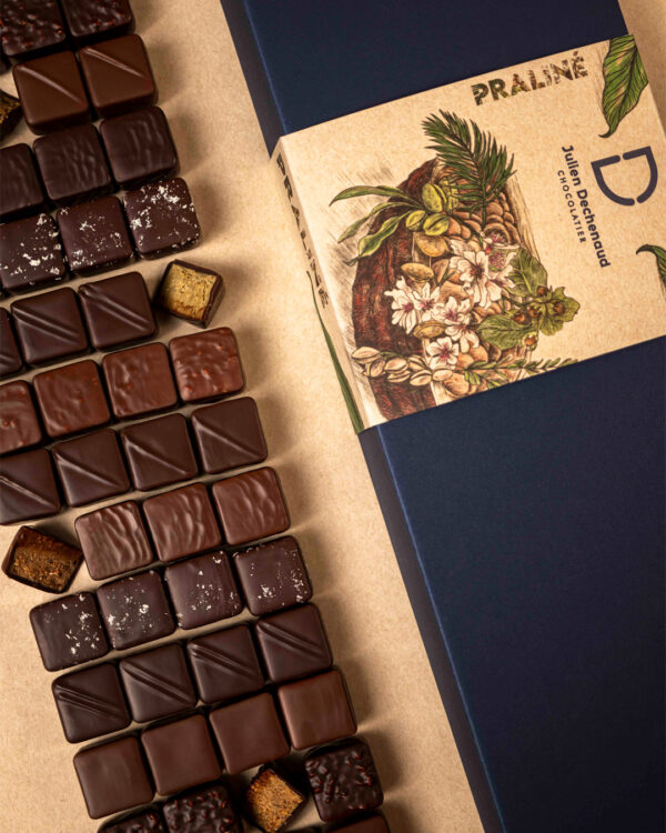 Assortiment de 88 pralinés au chocolat noir et chocolat au lait : amande, noisette, coco, pistache, cacahuète et amande-noisette feuilleté, un assortiment gourmand et hautement savoureux imaginé par le chef Julien Dechenaud chocolatier à Paris et Vincennes.